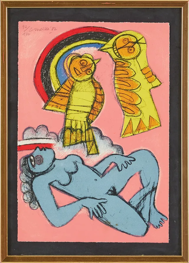 BEVERLOO CORNEILLE. Komposition med kvinna och fåglar, färglitografi, 92/120, signerad och daterad Corneille -82.