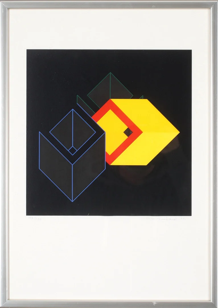 CAJSA HOLMSTRAND. Geometrisk komposition, färgserigrafi, signerad och numrerad 103/130. — Engravings & Prints — Stadsauktion Sundsvall
