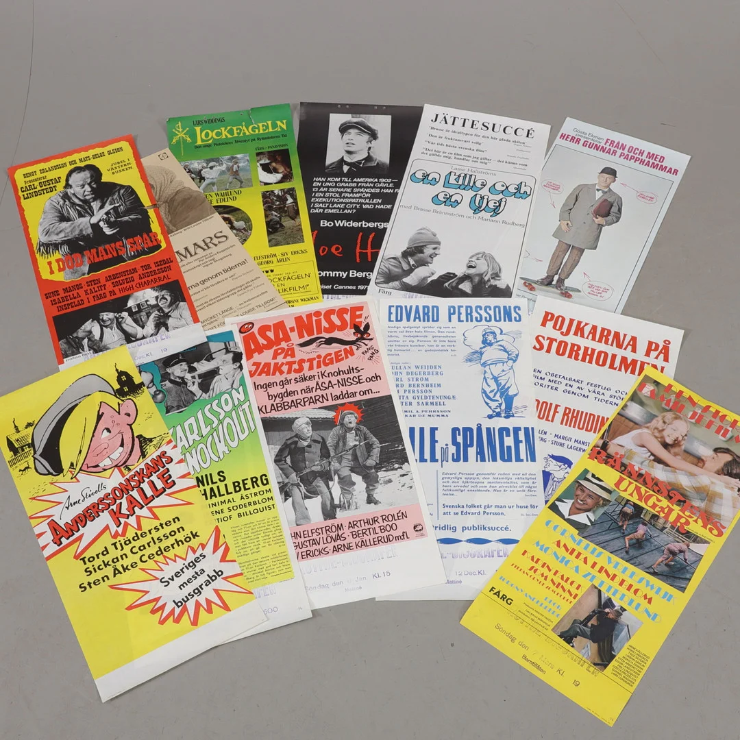 FILMAFFISCHER, 12 st svenska stolpaffischer, 1960/70/80-tal. — Movie memorabilia — Växjö Auktionskammare