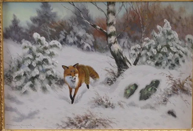 HENNING HOUGAARD. Räv i vinterskog, olja på duk, signerad.