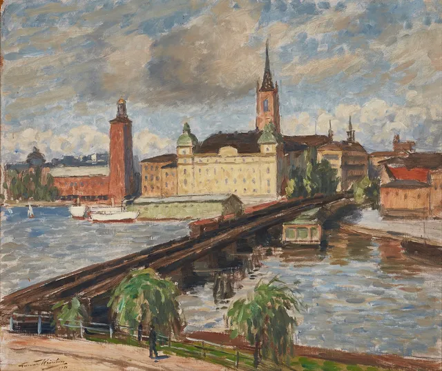 GUNNAR WEINBERG (1876-1959). Vy mot Stadshuset och Riddarholmen, signerad och daterad 1950, olja på pannå.