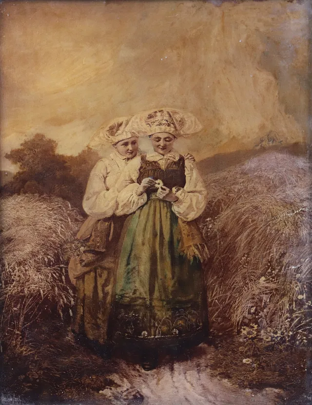 JOSEF WILHELM WALLANDER (1821–1888), Efter, tryck på glas, "Älskar, älskar inte", flickor som bär Österåkersdräkter, sent 1800-tal.