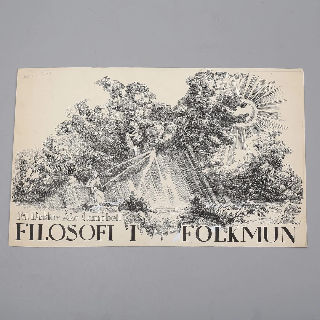 UNO STALLARHOLM. Tuschteckning, förlaga eller förslag till bokomslag till Åke Campbells "Filosofi i Folkmun", 1930-tal. — Drawings — Auktionshuset Thelin & Johansson