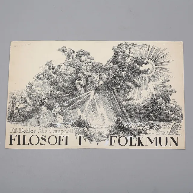 UNO STALLARHOLM. Tuschteckning, förlaga eller förslag till bokomslag till Åke Campbells "Filosofi i Folkmun", 1930-tal.