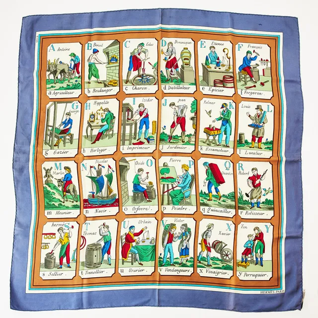HERMÈS, "Alphabet des Metiers", scarf, foulardsiden, design av Philippe Dauchez, i originallåda.