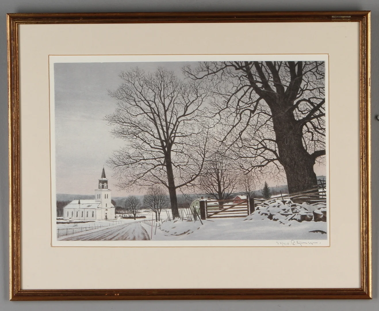 REINHOLD LJUNGGREN. Färglitografi, vintermotiv, signerad och numrerad 75/410. — Engravings & Prints — Auktionshuset Kolonn