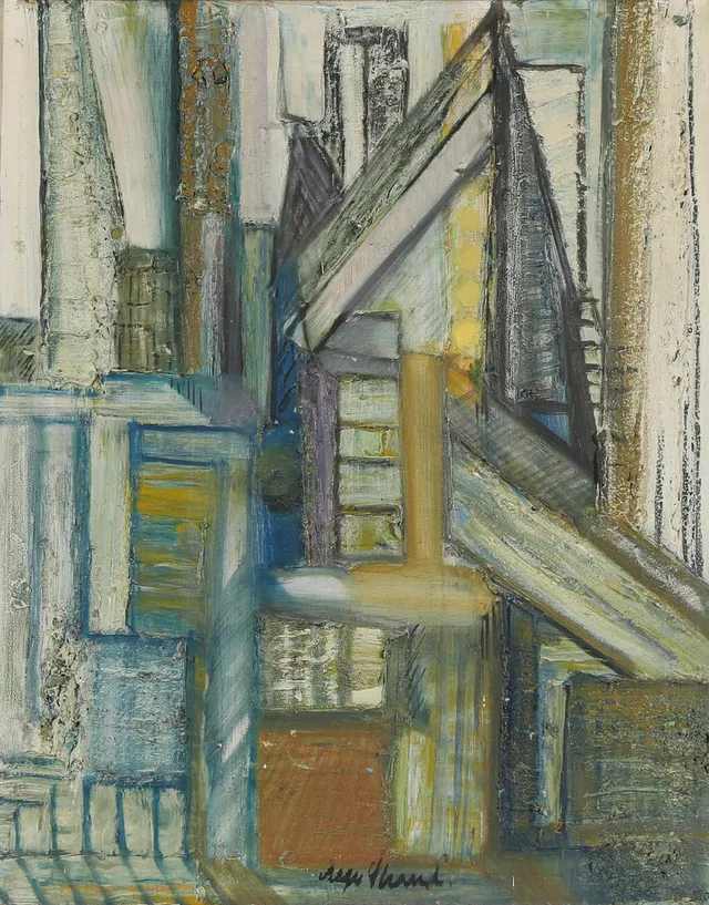 AAGE STRAND (1910-1975). "Saneringsbillede", olie på lærred, 1970.