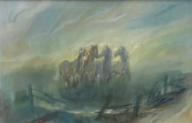 HILDEGARD FALK. "Hästar i morgondis". Olja på duk, signerad och daterad 72.