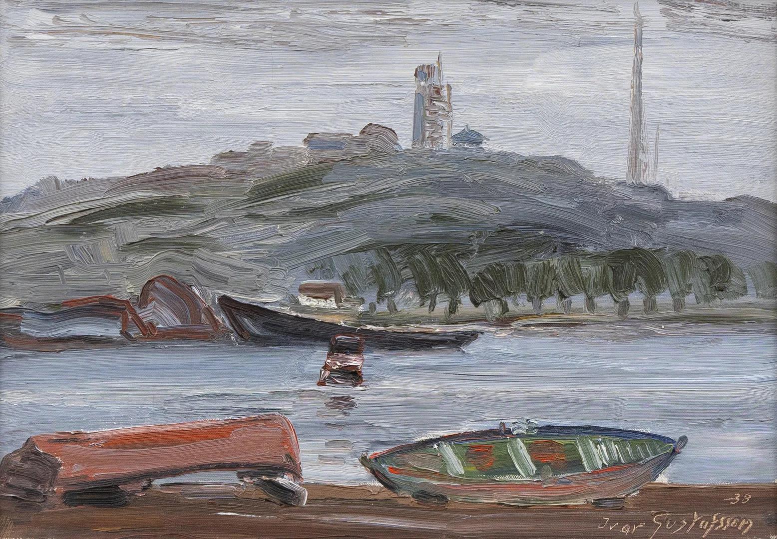 IVAR GUSTAFSSON. Upplagda båtar, olja på pannå, signerad och daterad -38. — Paintings — Garpenhus Auktioner