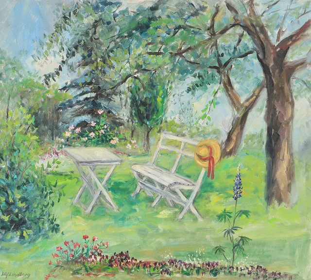 ULF LINDBERG. Sommarträdgård, olja på duk, signerad.