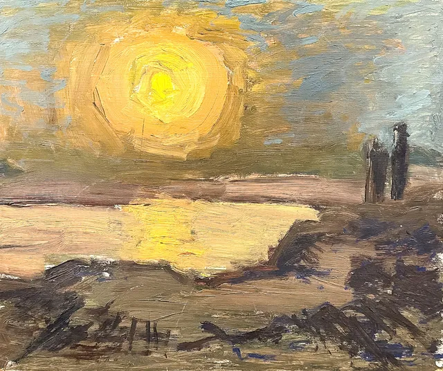 ERIK KYLBERG. OLJA PÅ PANNÅ, "Solnedgång", Dödsbosignerad.