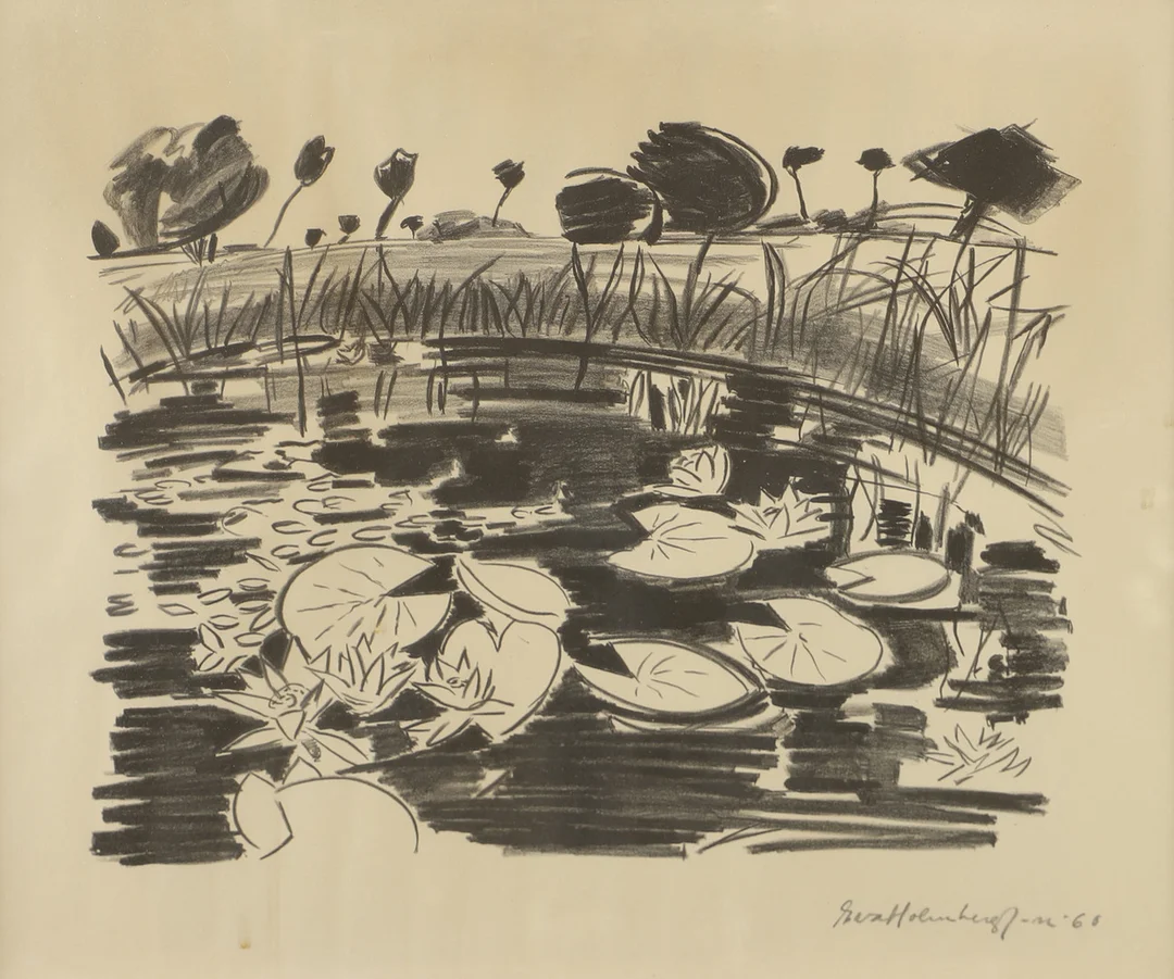EVA HOLMBERG JAKOBSSON. Näckrosor, teckning, signerad -60. — Drawings — Helsingborgs Auktionskammare