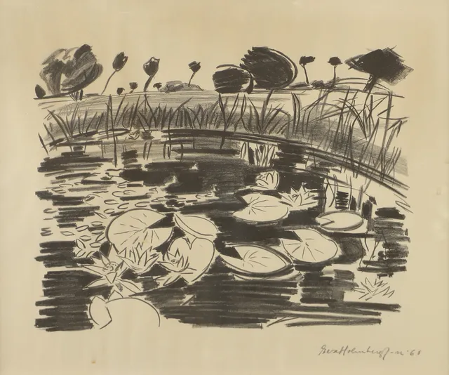 EVA HOLMBERG JAKOBSSON. Näckrosor, teckning, signerad -60.