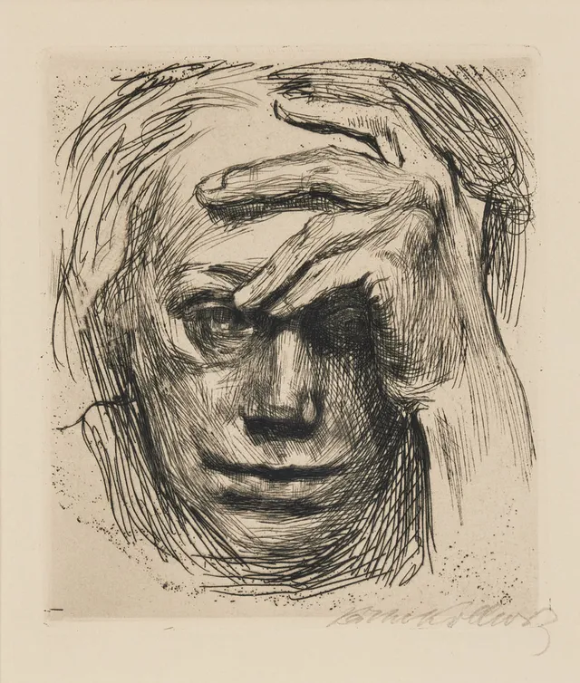 KÄTHE KOLLWITZ (TYSKLAND 1867-1945). "Selbstbildnis mit der Hand an der Stirn".