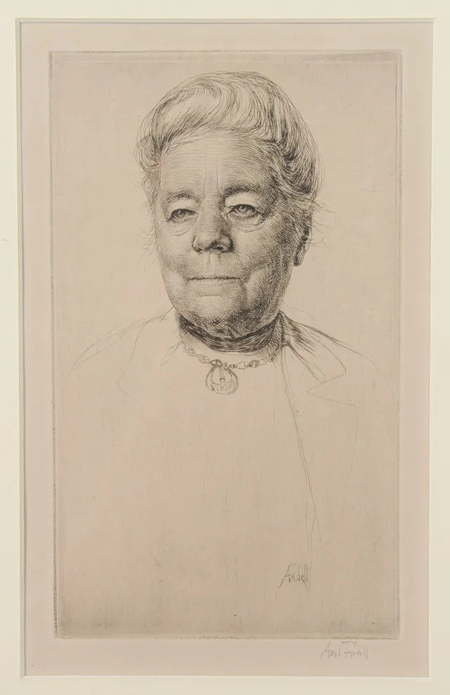 AXEL FRIDELL. Porträtt av Selma Lagerlöf, torrnålsetsning, signerad.