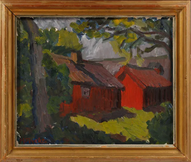 MANFRED FLYCKT. "Gammal gård" Olja på pannå, signerad, daterad -41 à tergo.