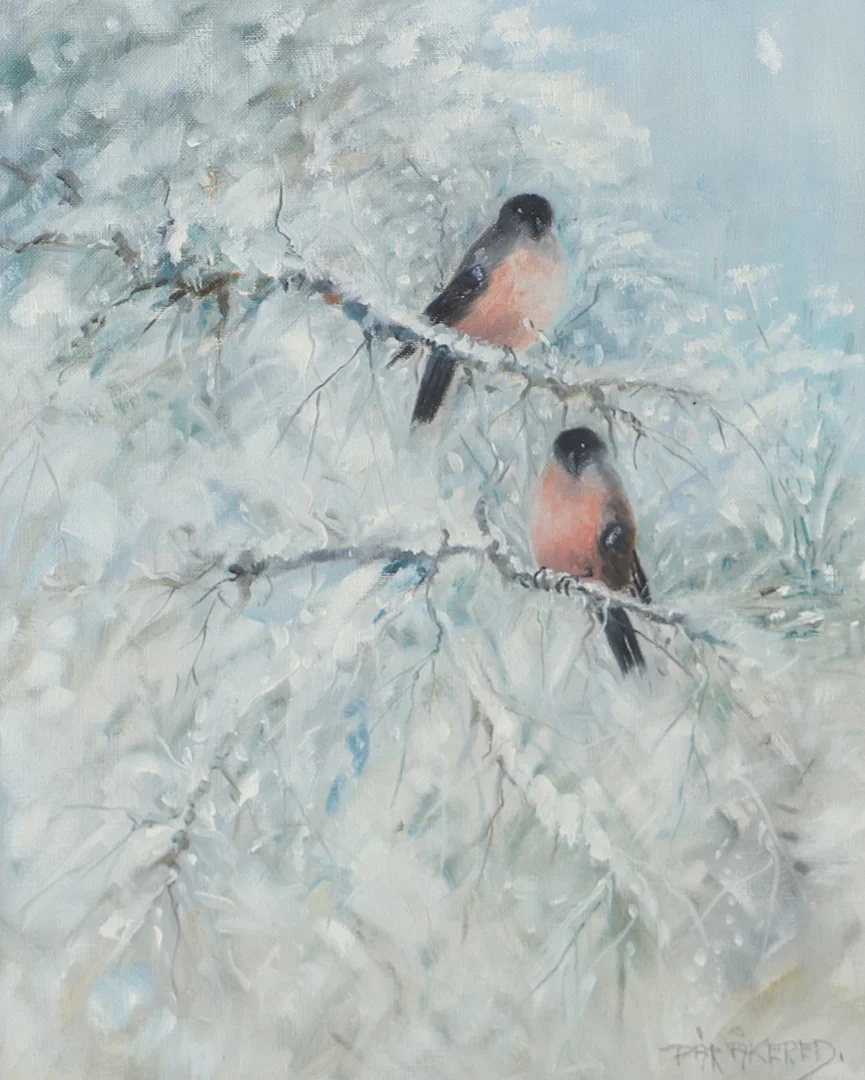 PÄR ÅKERED. Vinterlandskap med domherrar, olja på duk, signerad. — Paintings — Helsingborgs Auktionskammare