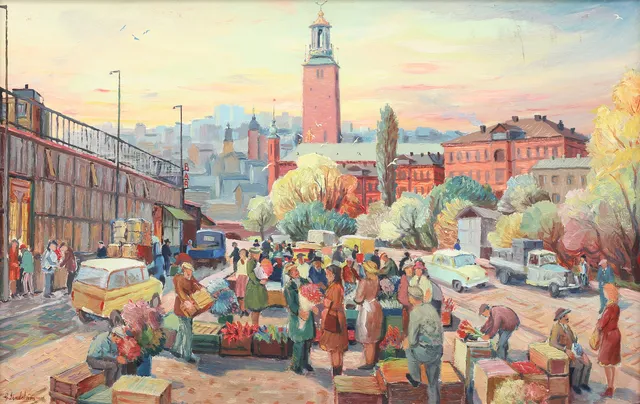 GEORG LINDSTRÖM (1912-2006). Vy över Klaratorget, olja på pannå, signerad G Lindström.