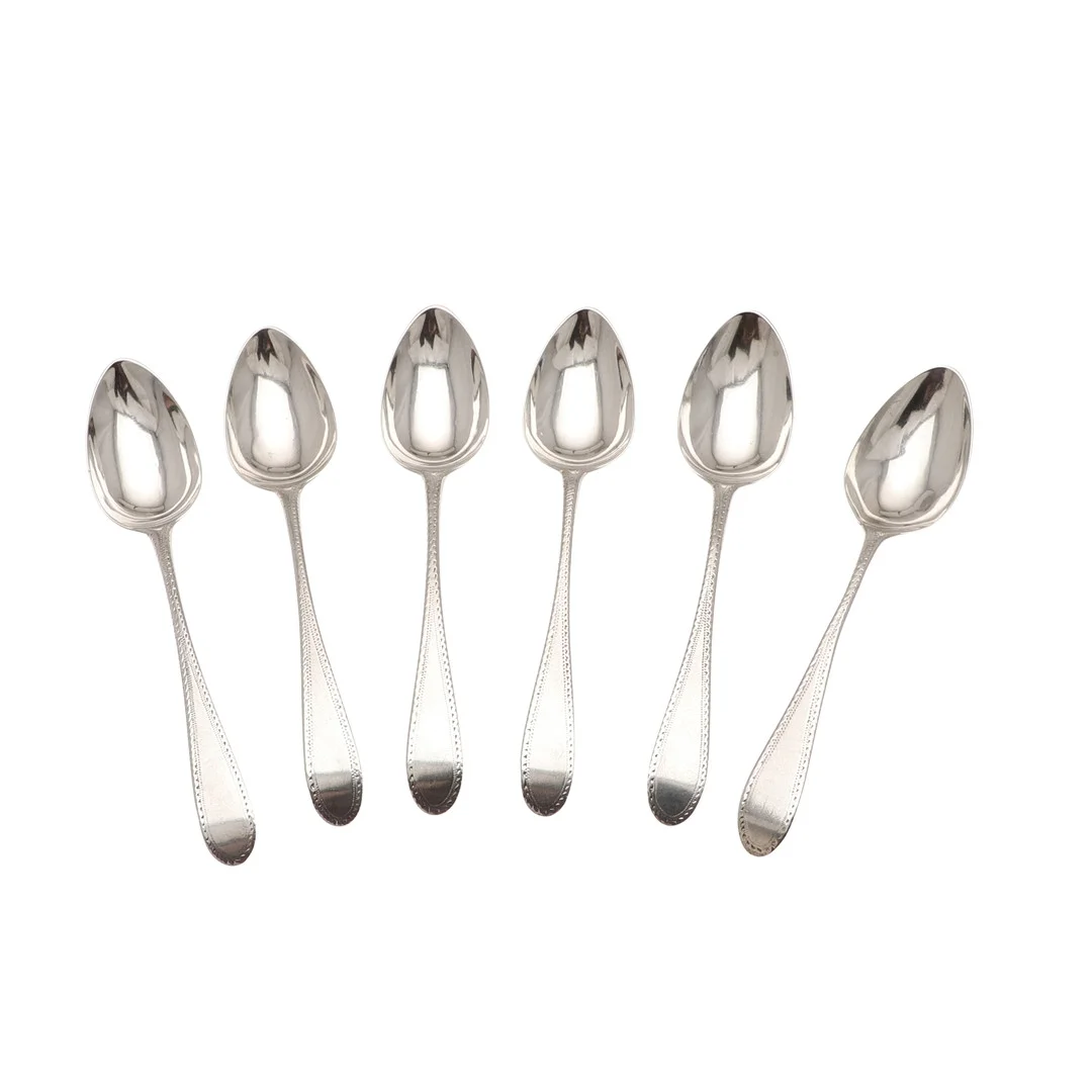 A SET OF SIX GEORGE III SCOTTISH SILVER OLD ENGLISH BRIGHT CUT PATTERN DESSERT SPOONS. — Silver — Lawrences Auctioneers