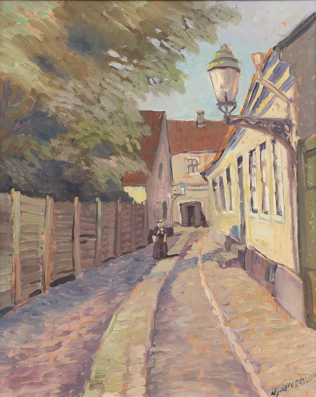 HJALMAR LINDBLOM. Grynmalaregatan, Lund, olja på pannå, signerad.
