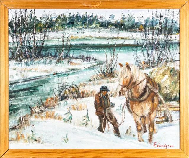 FRED LUNDGREN. Olja på duk, Figur med Häst, Signerad.