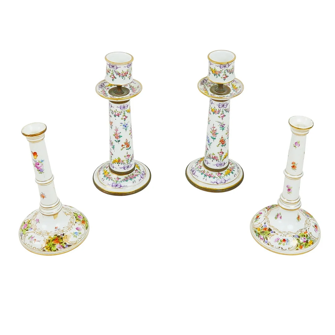 FOUR EARLY 20TH CENTURY, HAND PAINTED CONTINENTAL PORCELAIN CANDLESTICKS. — European — Batemans of Stamford