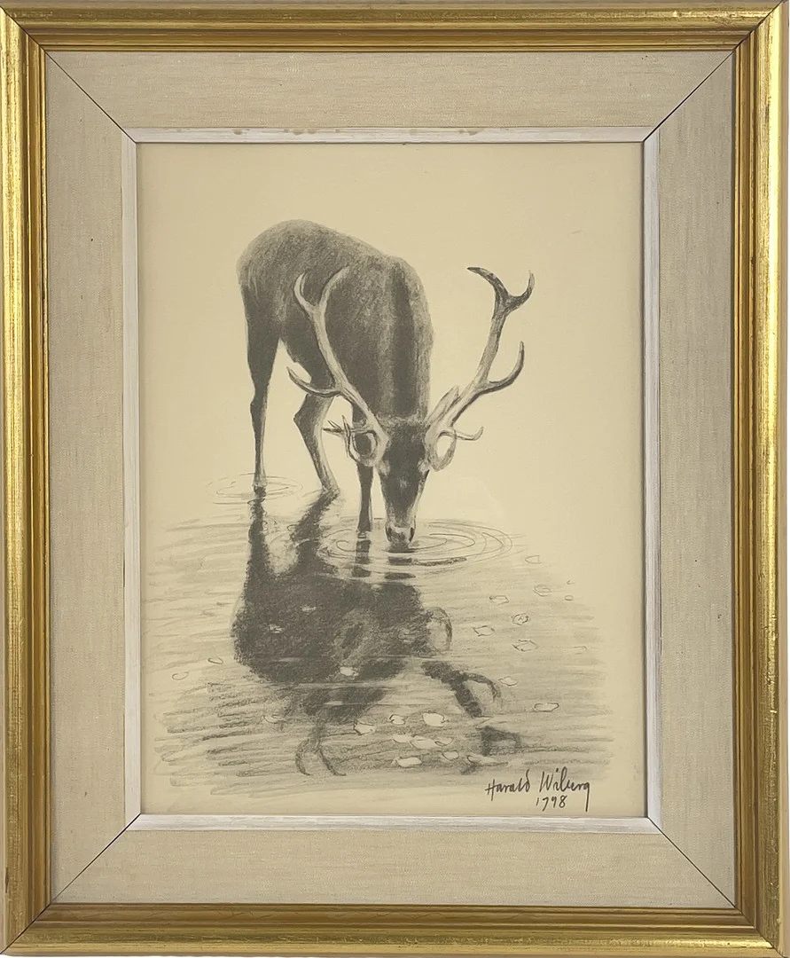 HARALD WIBERG. Efter, offsettryck, "Kronhjorten dricker", signerad i trycket. — Engravings & Prints — Roslagens Auktionsverk