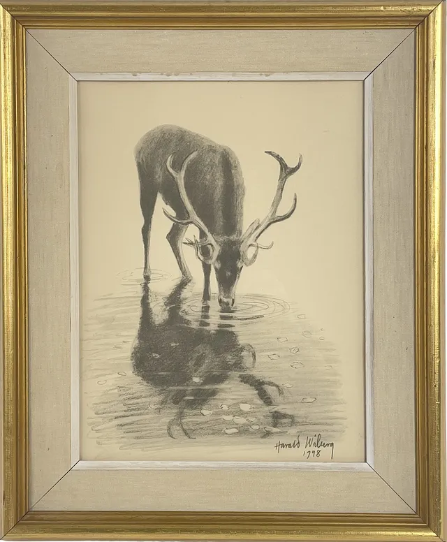 HARALD WIBERG. Efter, offsettryck, "Kronhjorten dricker", signerad i trycket.