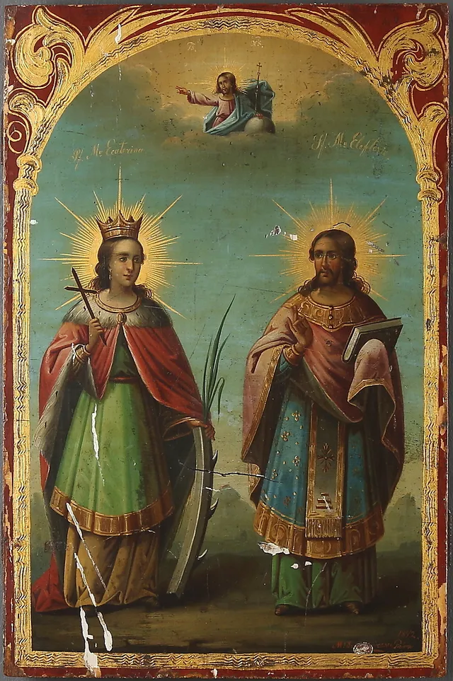 IKON, "Sankt Catherine och Elefteria", signerad. Grekland. 1872.