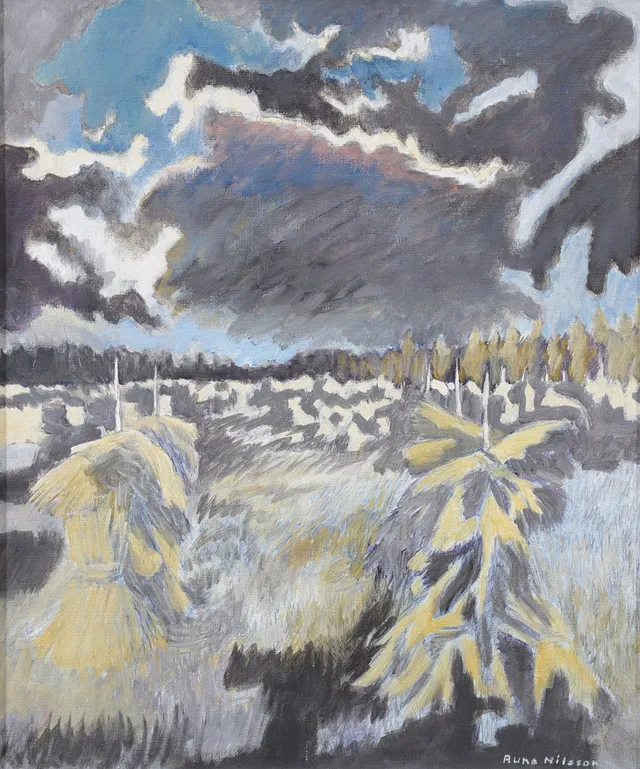 RUNE NILSSON. Höbalar, på åker, olja på duk, signerad.