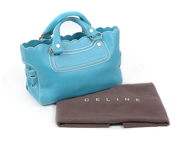 VÄSKA, CELINE "boggie" ljusblått läder/vita kanter gult foder 32x19x12 cm dustbag