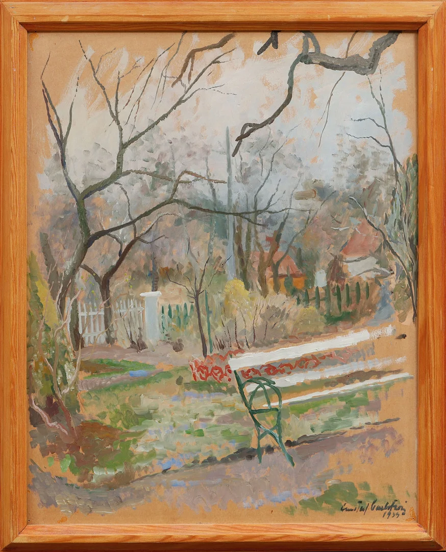 GUSTAF CARLSTRÖM. Trädgårdsbild, olja på pannå, signerad och daterad 1934. — Paintings — Göteborgs Auktionsverk