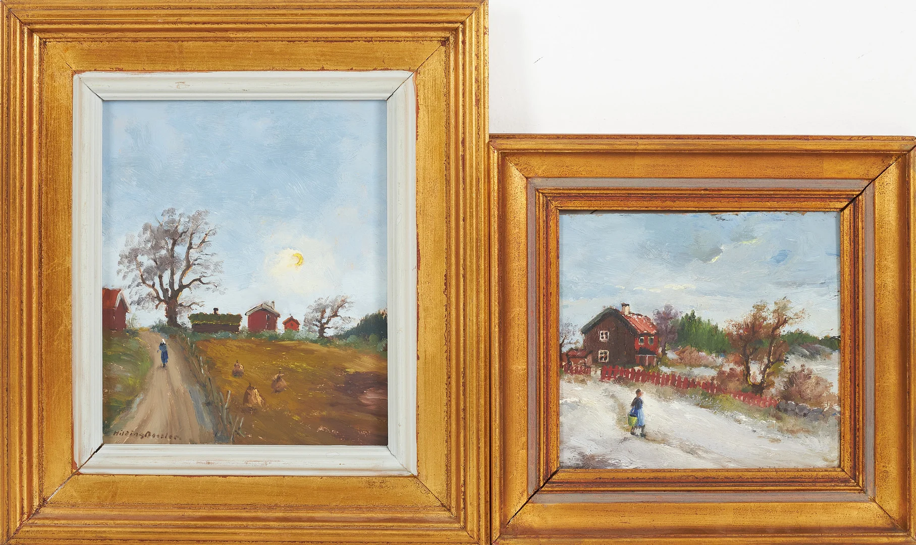 HILDING BOSSLER. 2 st, gårdsmotiv, olja på pannå, signerad. — Paintings — Stockholms Auktionsverk Sickla