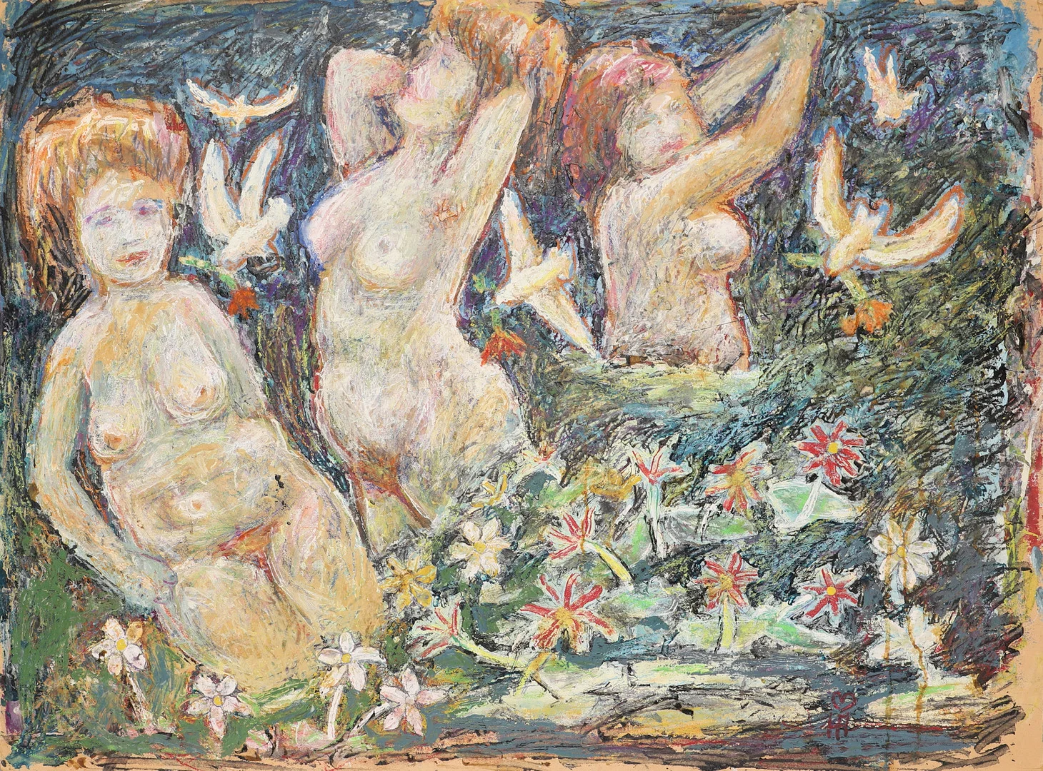HANS ÅNGSÄTER (FÖDD 1935). Nakenbadare, blandteknik på papp, monogramsignerad HÅ. — Paintings — Garpenhus Auktioner