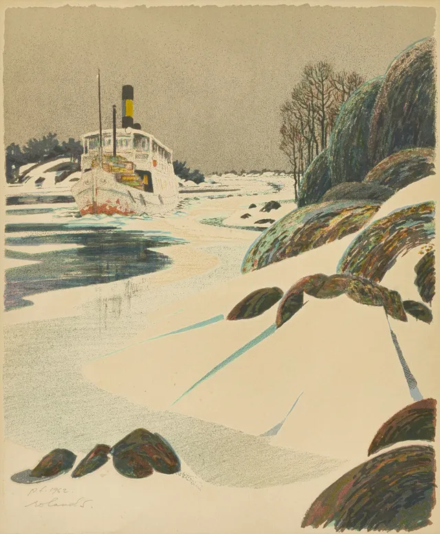 ROLAND SVENSSON (1910-2003). "Menföresbåten", signerad och daterad roland S. 1962, P.t, färglitografi.