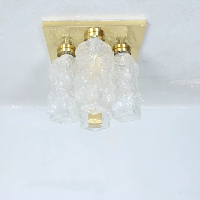 HILLEBRAND. Deckenlampe von Hillebrand, Messing, Eisglas, 1970er.