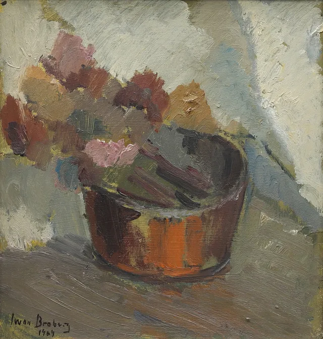 IWAN BROBERG. "Vissna blommor II", olja på pannå, signerad.