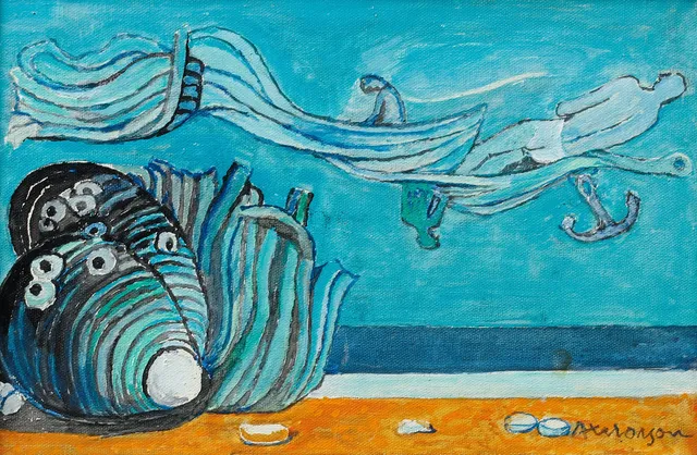 AXEL OLSON. Surrealistisk bild, olja på pannå, signerad.