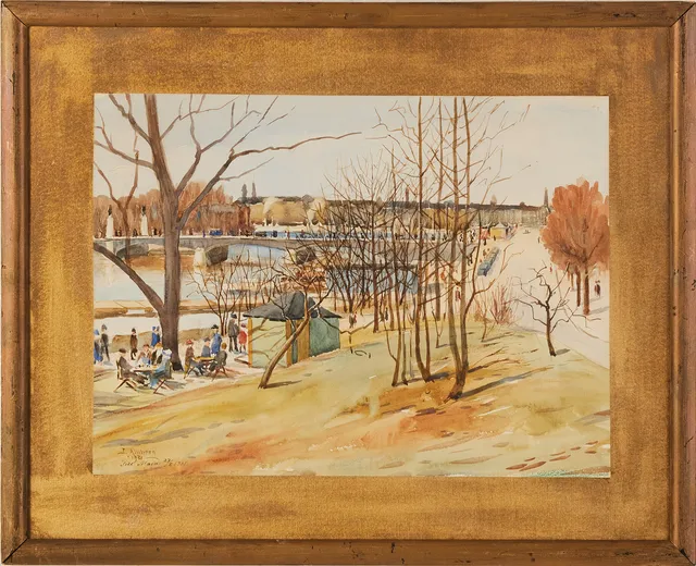 JOHN AHLBERG (1881 - 1962). Stockholmsvy från Skeppsholmen, akvarell, signerad I. Ahlberg, daterad 1931, med dedikation.