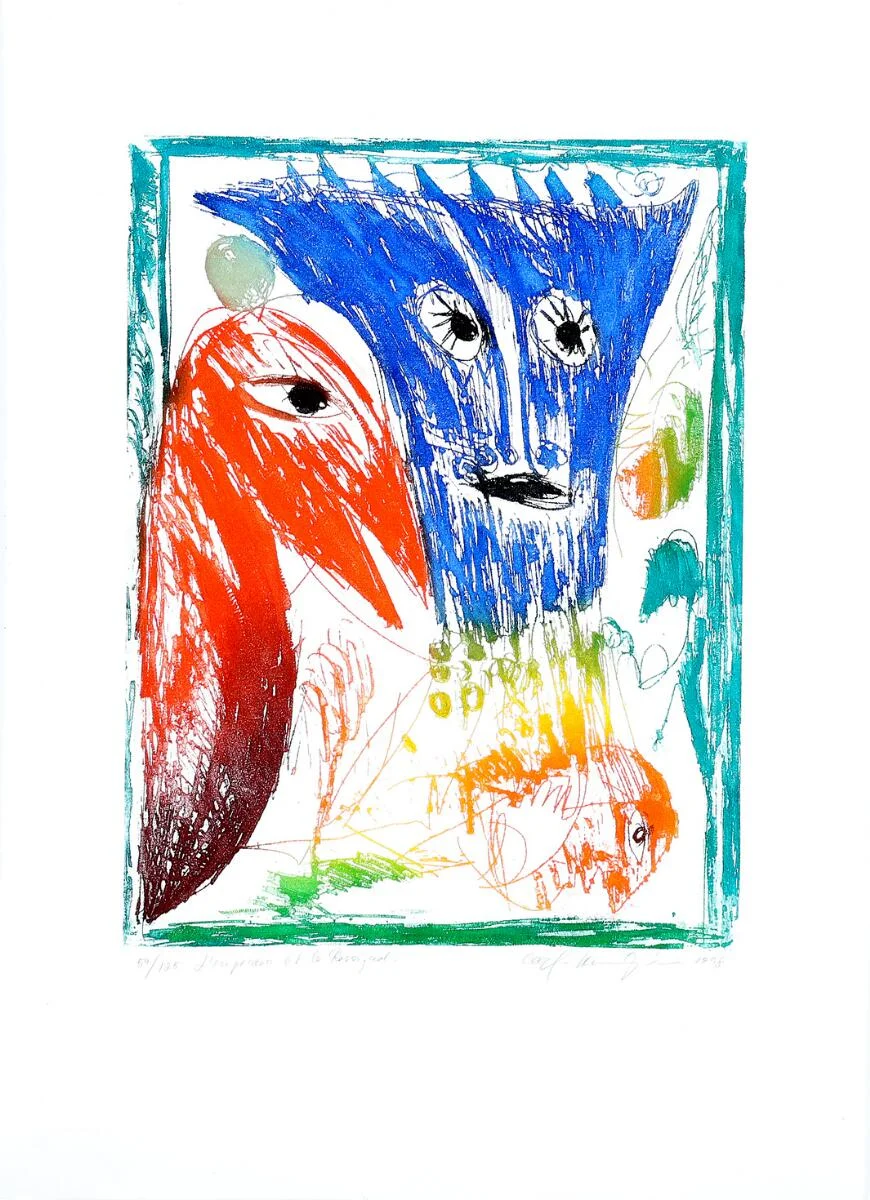 “L'empereur et le Rossignol”. Signed Carl-Henning Pedersen 1998, 59/125. Etching and aquatint in colours. Sheet size 78×57 cm. Unframed. — Modern Prints/CoBrA — Bruun Rasmussen