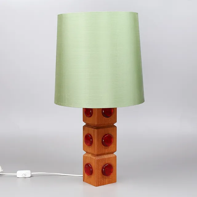 BORDSLAMPA, furu/glas, 1970/1980-tal.