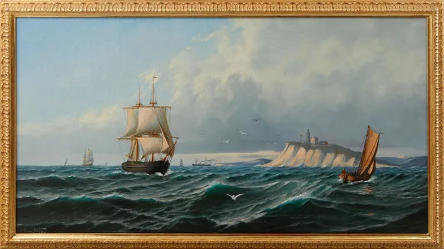 LEONARD WIEDH. Kustbild med fartyg och fyr, olja på duk, signerad och daterad 1903.