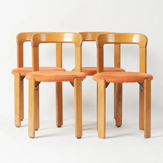 BRUNO REY. Kusch & Co. Set Stühle / Esszimmerstühle, Modell 'Rey Chair 33', Buche, Textil, Entwurf 1971, Deutschland. (4).