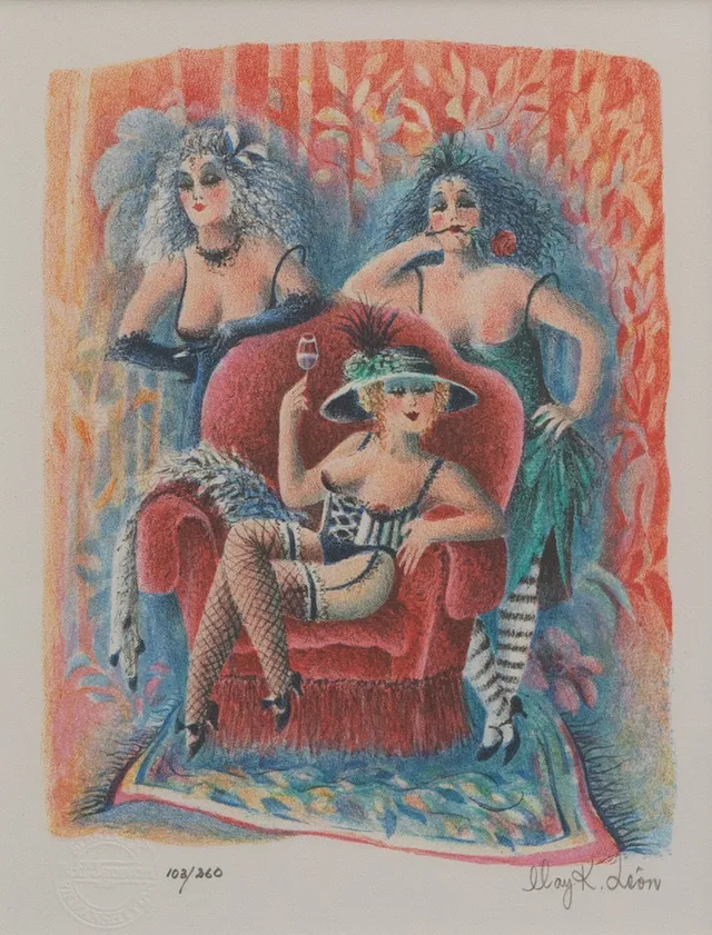 MAY K LÉON. Kvinnomotiv, färglitografi, nr 103/260, signerad.