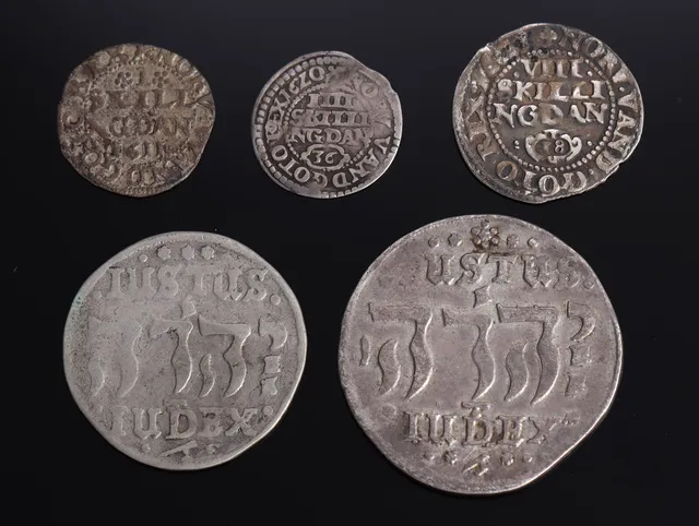 Christian IV, samling mønter bl.a. 1 og 2 mark 1644 (5)