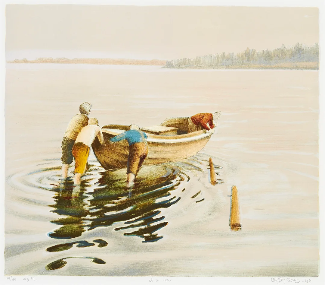 Sand, Vebjørn — "Ut på fiske" 1990 — Kunst/Grafikk — Blomqvist
