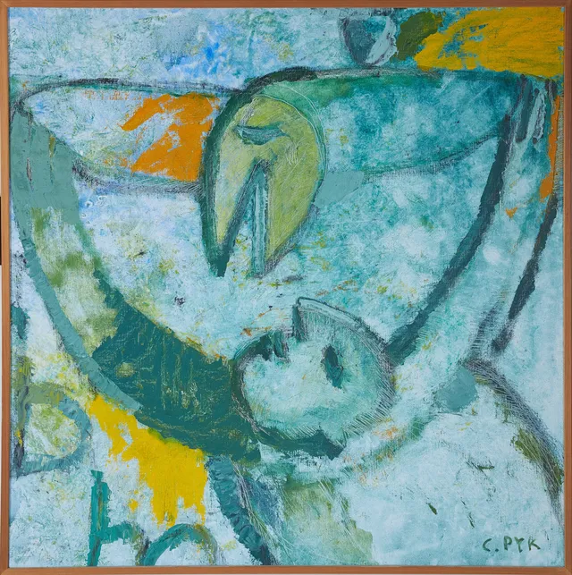 CAMILLA PYK (1966). Figurkomposition med fågel, akryl på duk, signerad C.Pyk.