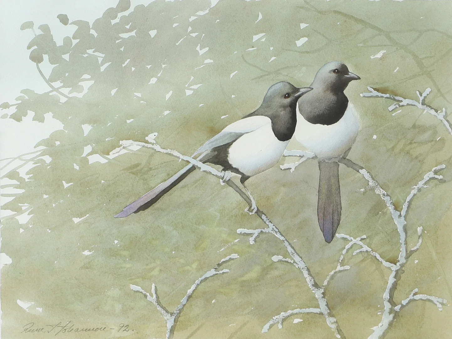RUNE JOHANSSON. Fåglar på kvist, akvarell, signerad. — Paintings — Helsingborgs Auktionskammare