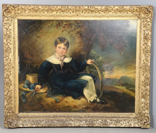 MARGARET SARAH CARPENTER (1793-1872). PORTRAIT OF A YOUNG BOY RESTING IN A WOODED LANDSCAPE, WITH STICK AND HOOP, A BOATER BY HIS SIDE.
