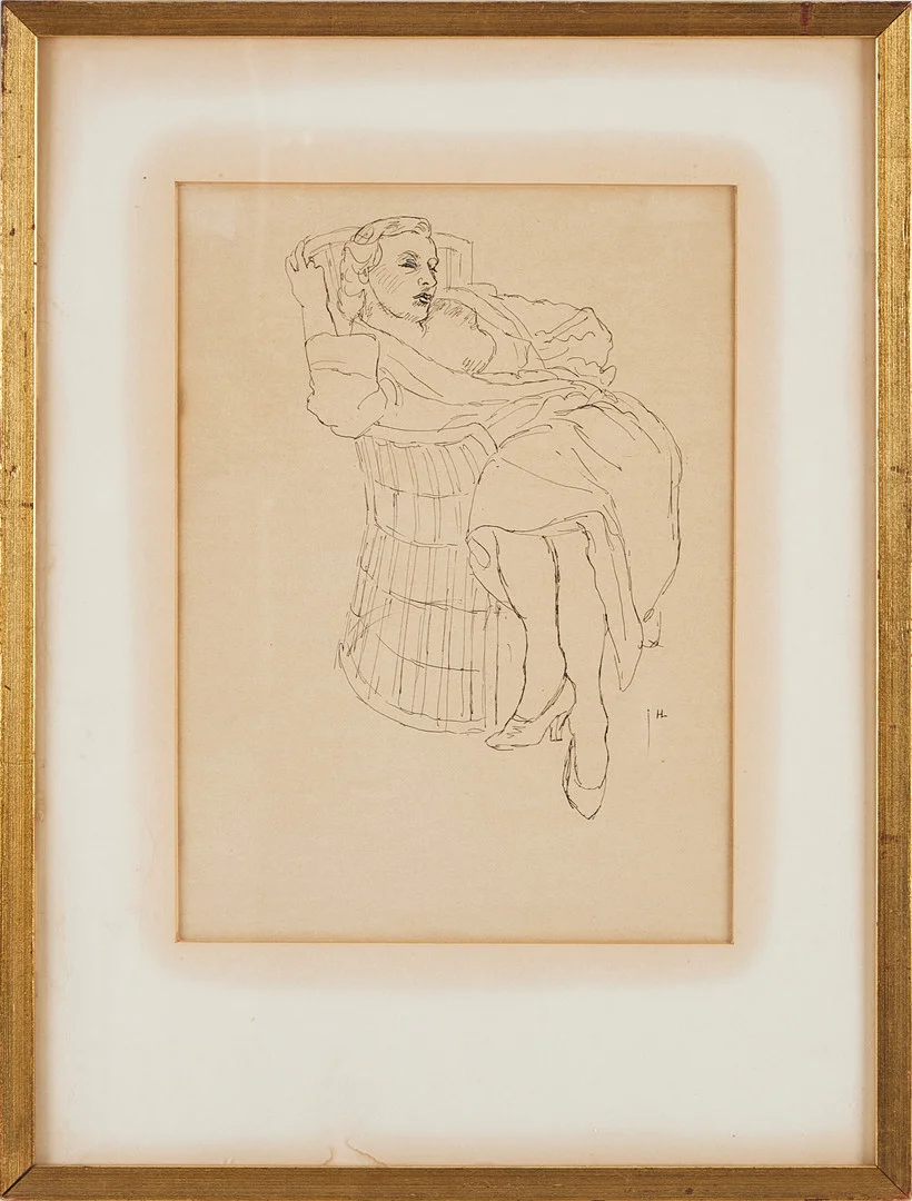 HILDING LINNQVIST. Kvinna i fåtölj, tusch på papper, monogramsignerad. — Drawings — Stockholms Auktionsverk Magasin 5